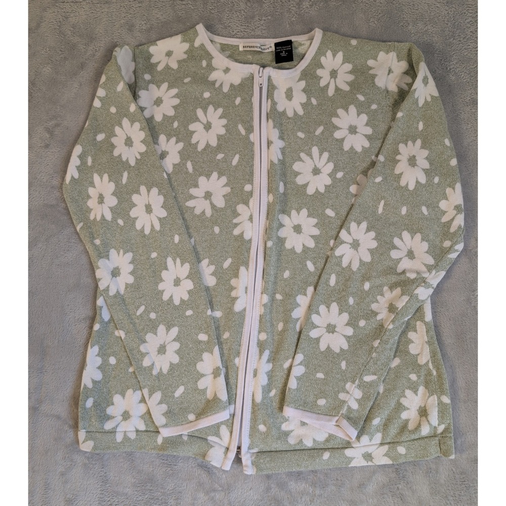 Women's Small Cottagecore Daisy Zip Front Green Cotton Cardigan Feminine
